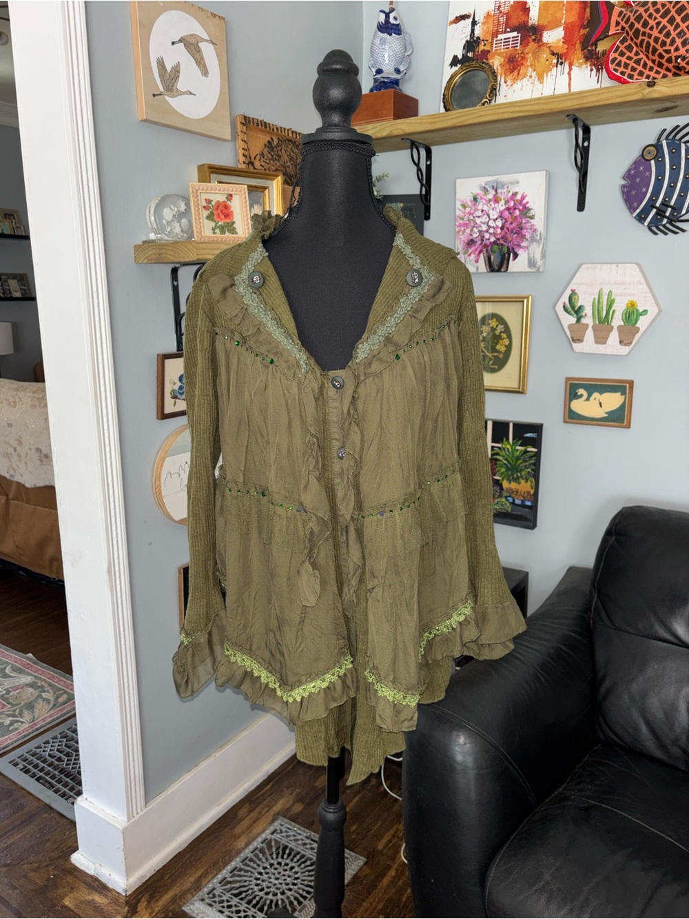 Pretty Angel cardigan blouse linen blend boho whimsigoth fairycore green size L